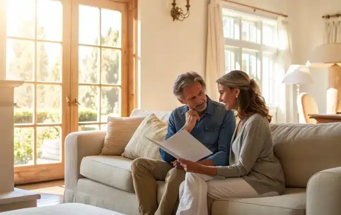 Couple on a sofa deciding between a living trust vs will for their estate plan.