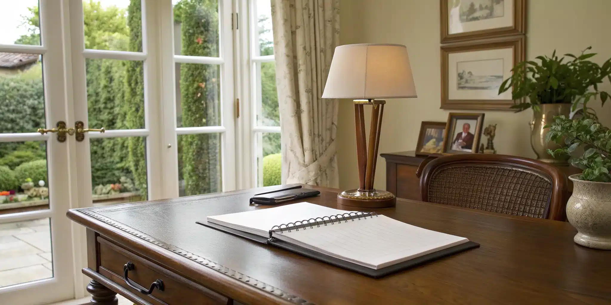 A trusts and estates attorney's desk with a notebook and pen, ready for estate planning.