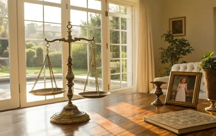 Scales of justice on the desk of an inheritance attorney.