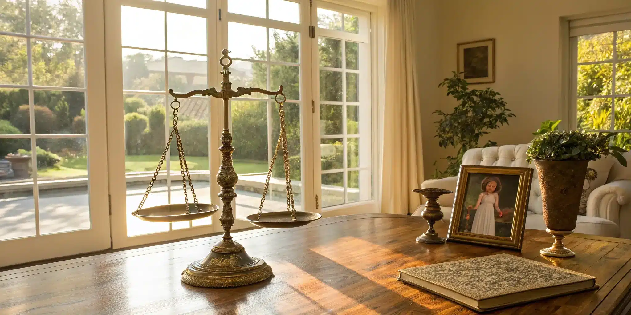 Scales of justice on the desk of an inheritance attorney.