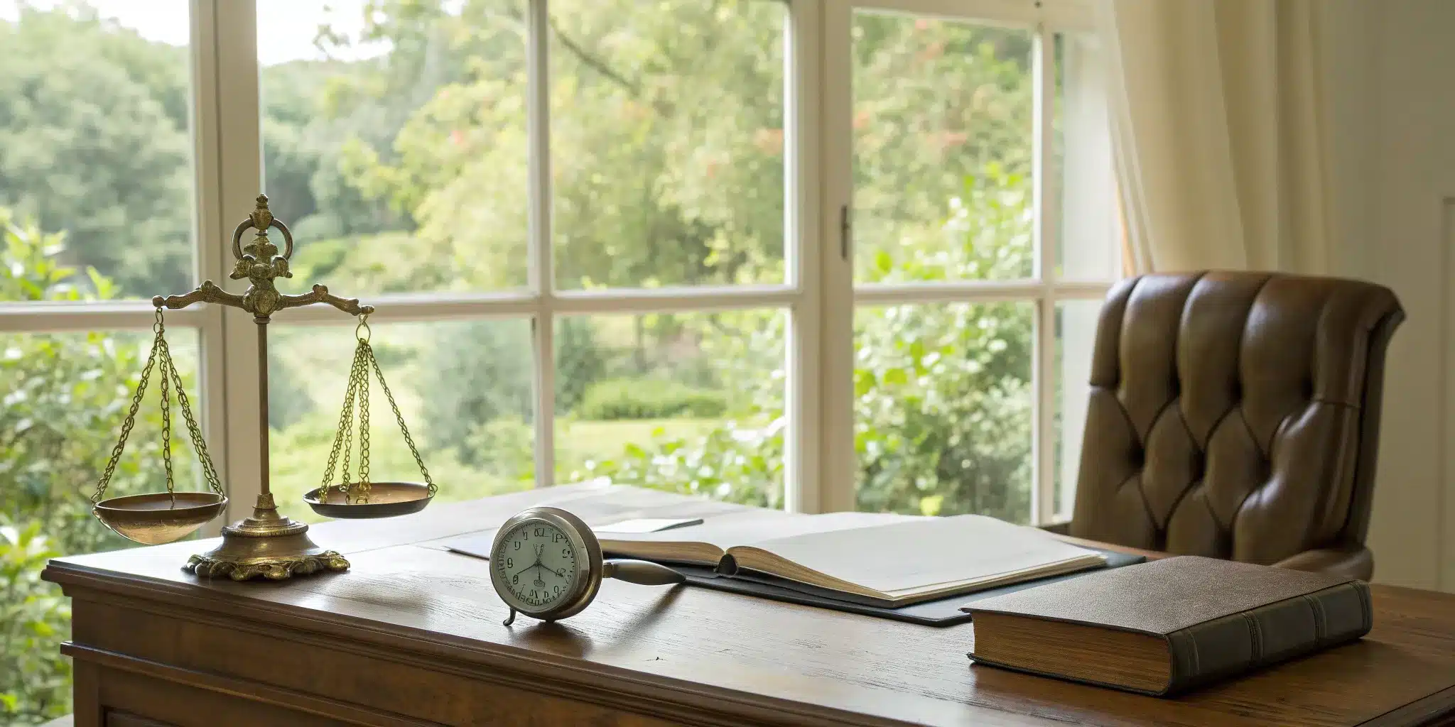 A probate and trust attorney's desk with scales of justice and a law book.