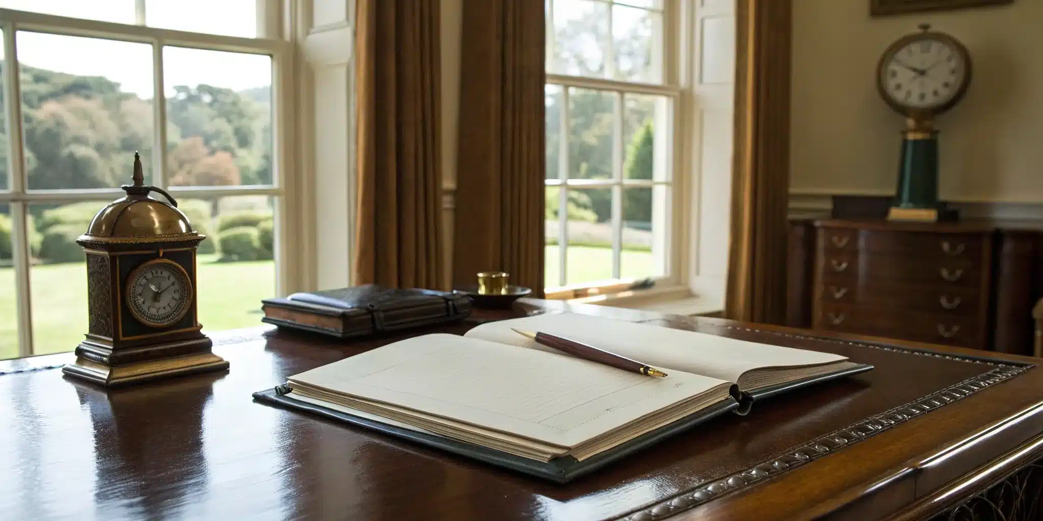 An executor's desk with a will and ledger, detailing the duties of managing an estate.