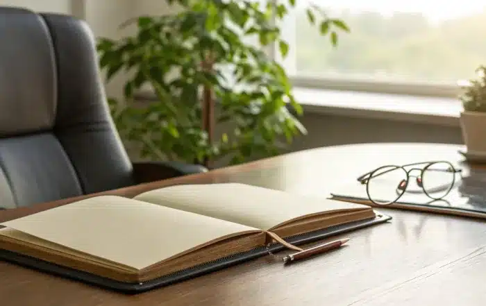 A trust and probate attorney's desk with an open notebook, pen, and eyeglasses.