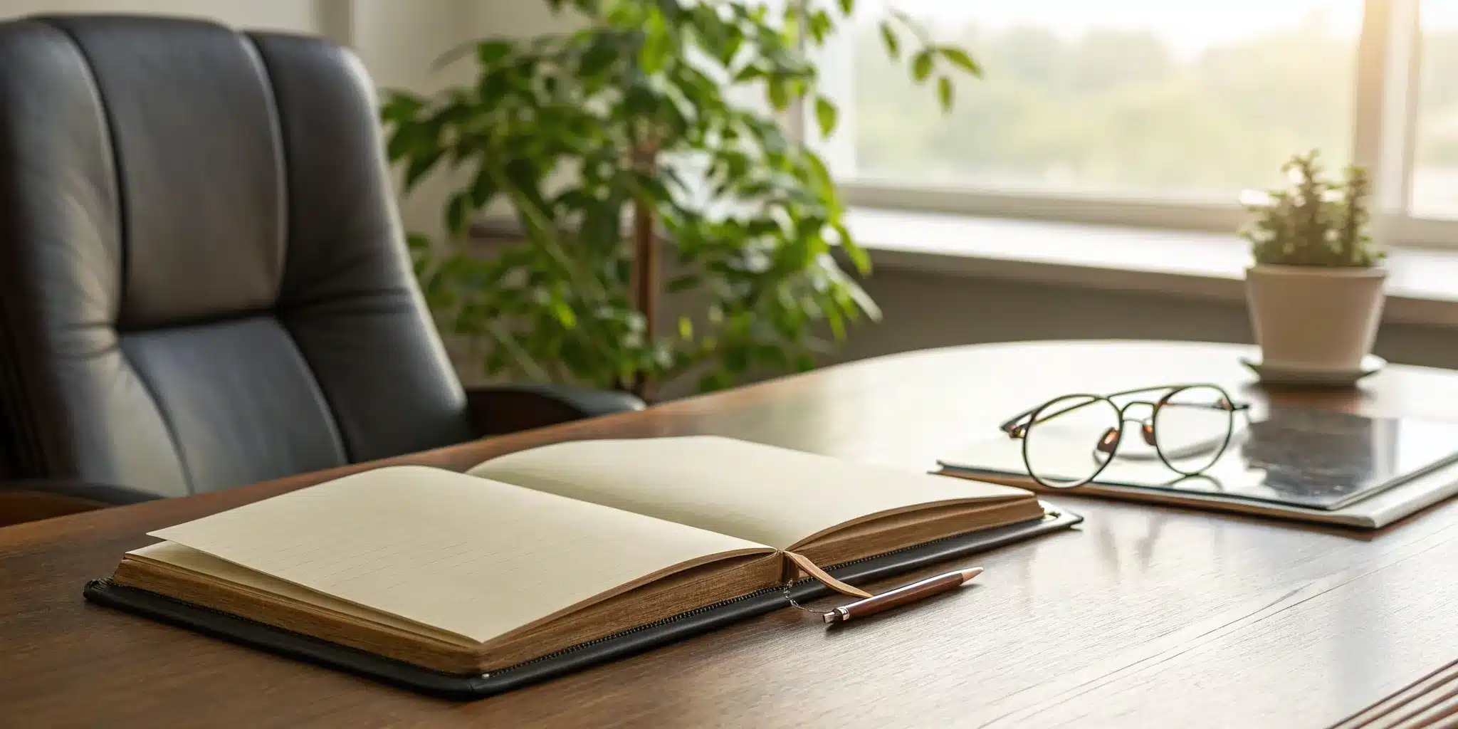 A trust and probate attorney's desk with an open notebook, pen, and eyeglasses.