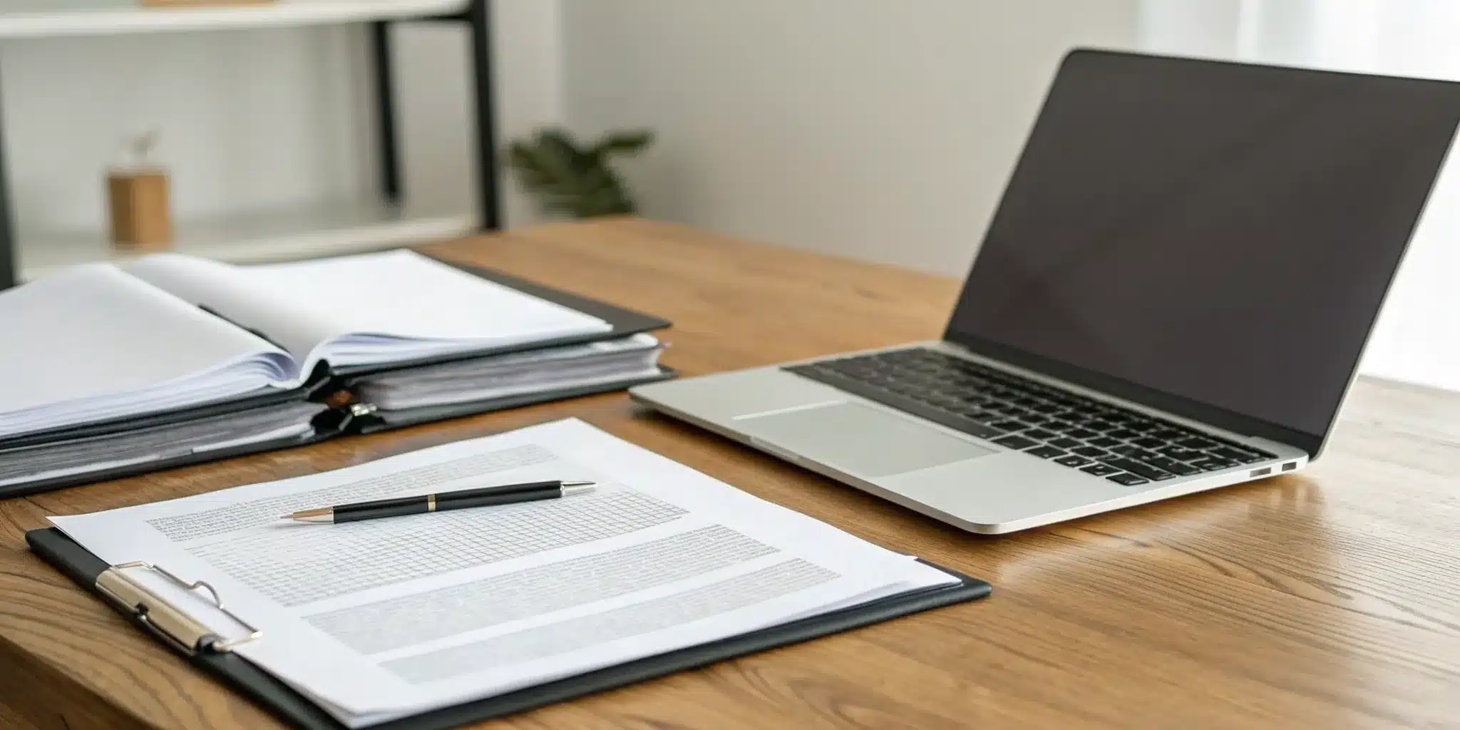 Laptop and paperwork on a desk for handling the duties of an executor of a will.