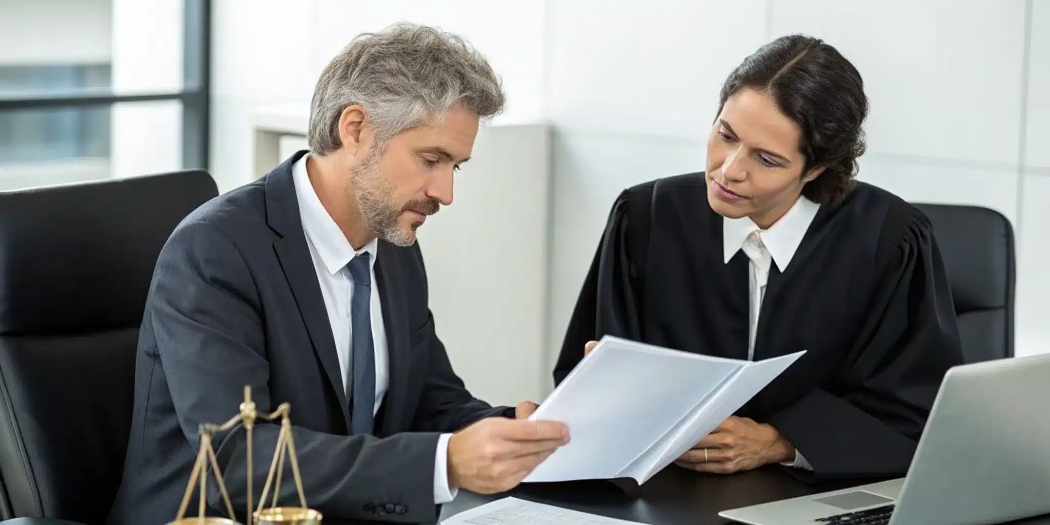 Trust dispute lawyer and client in a meeting, reviewing documents to establish trust and strategy.