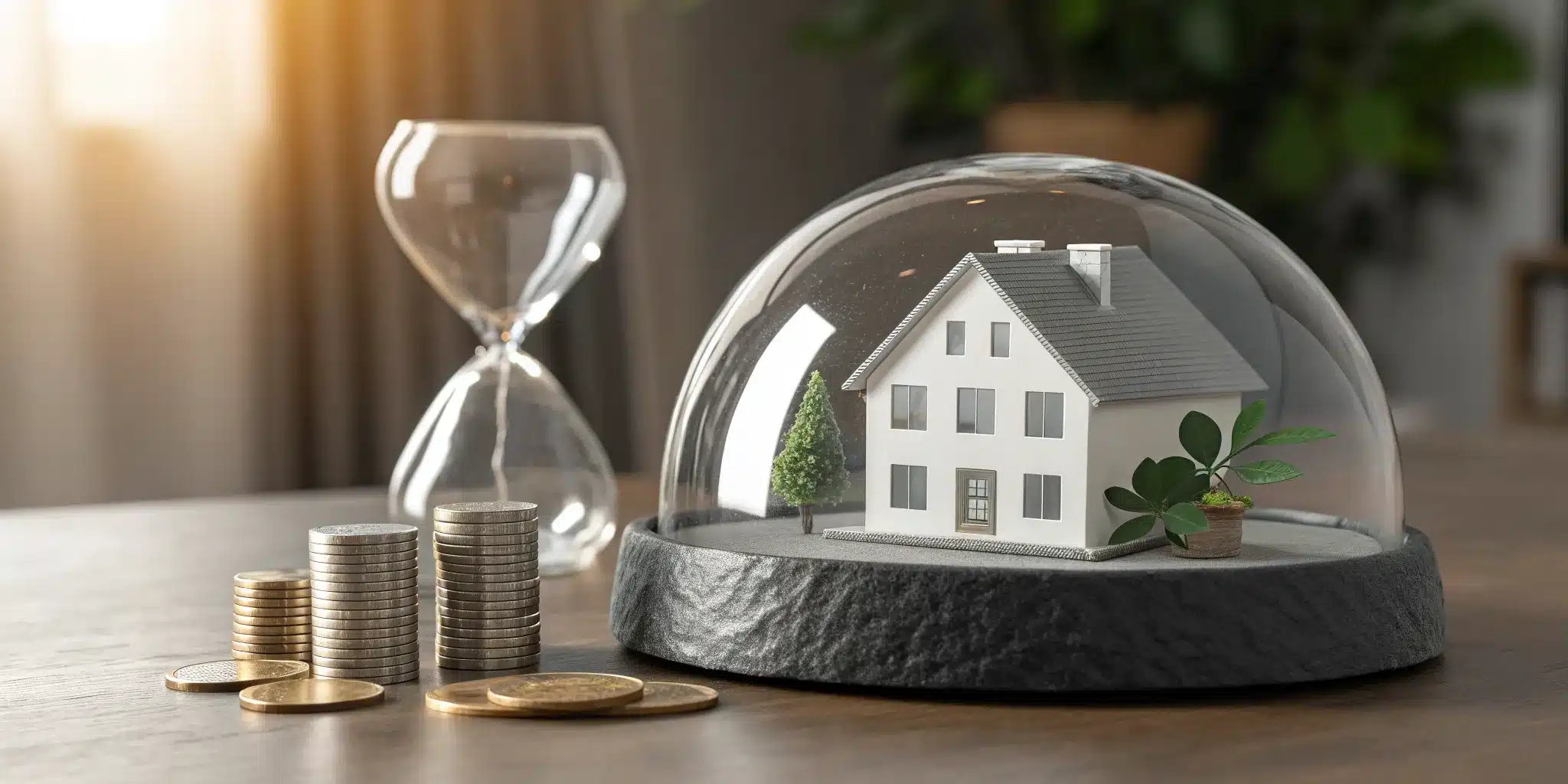 A house and coins protected under a glass dome, showing the benefits of a trust for inheritance.