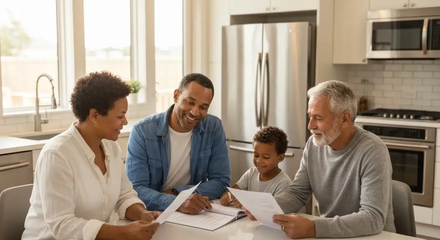 California family reviewing advance healthcare directive documents at kitchen table