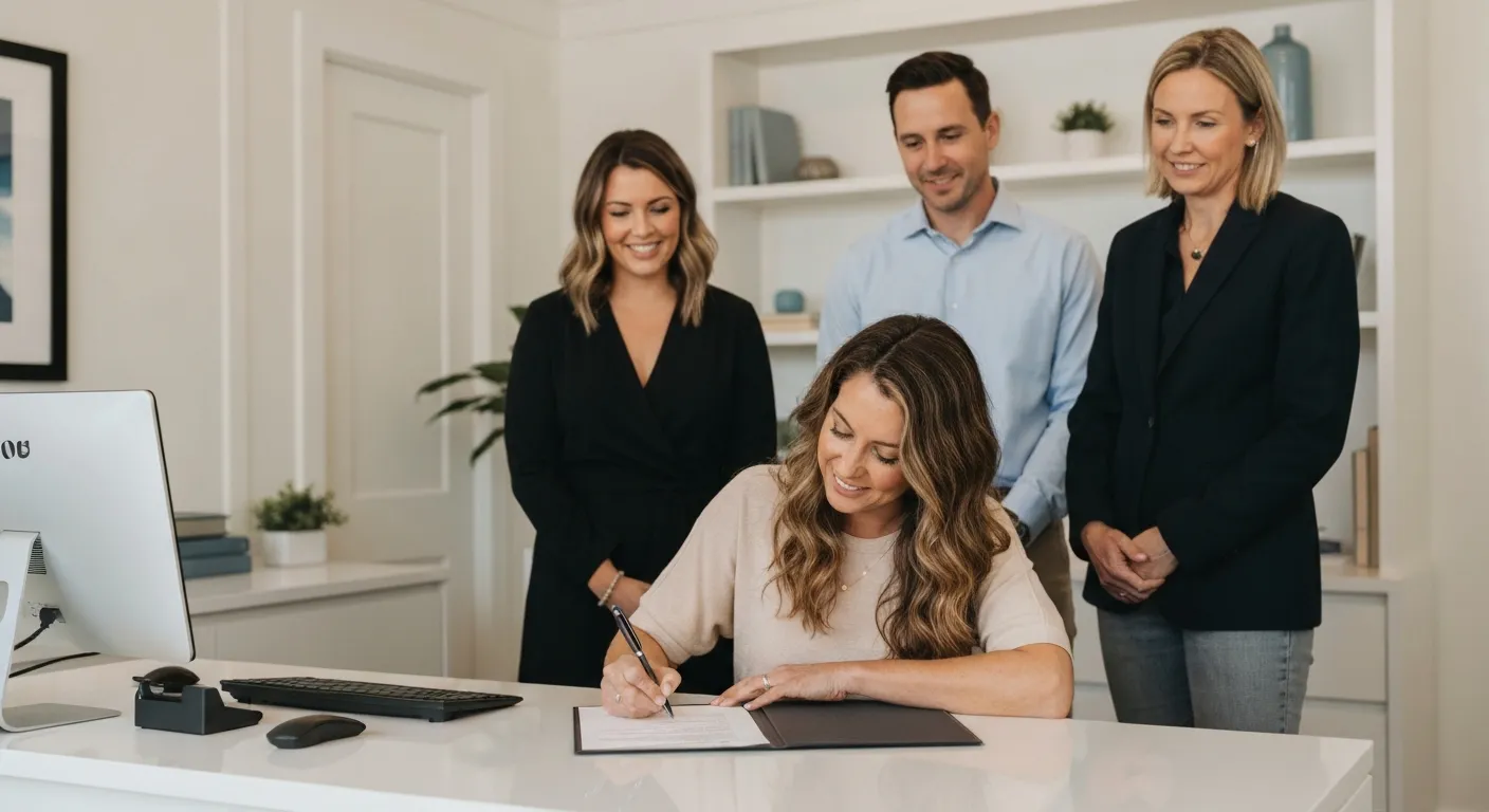 Woman signing advance healthcare directive with witnesses present in California office