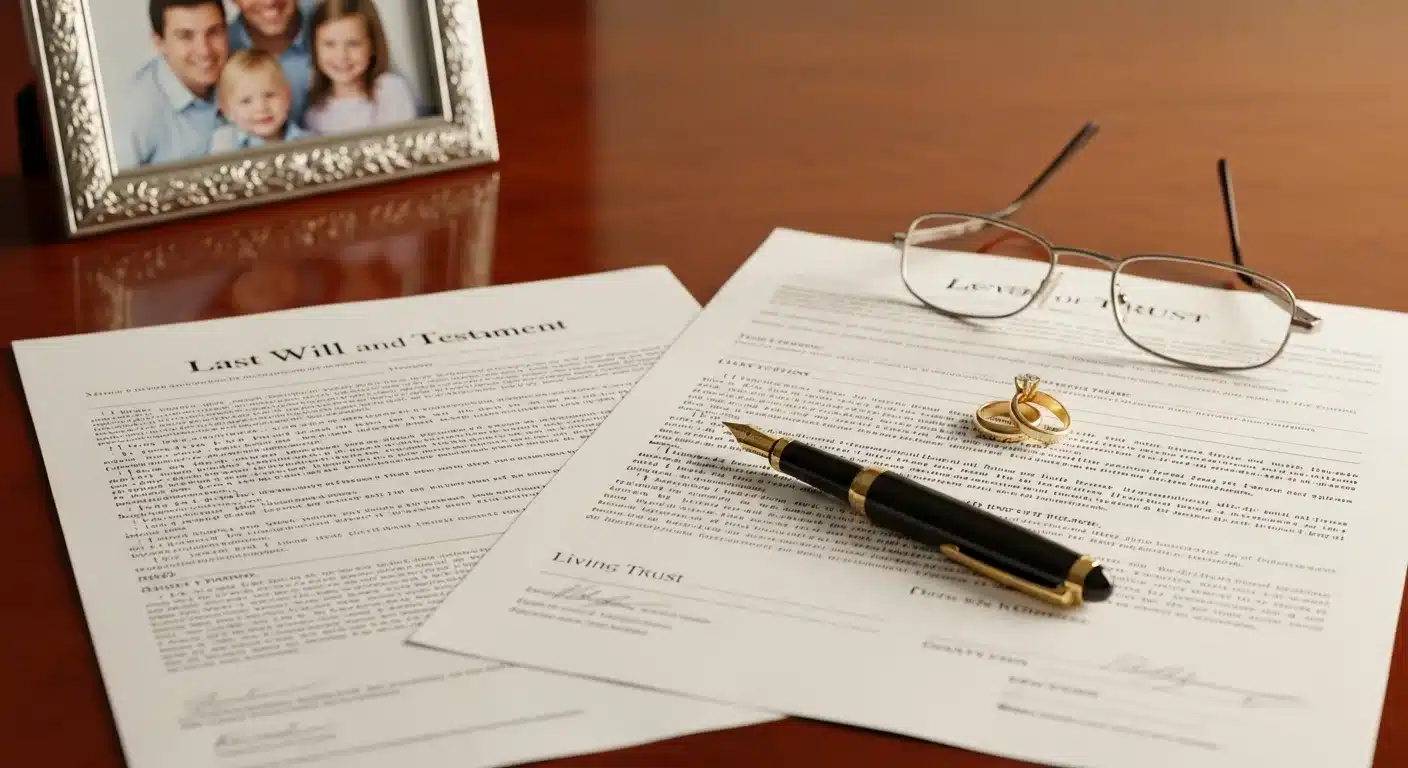 Estate planning legal documents on a desk with reading glasses and family photo
