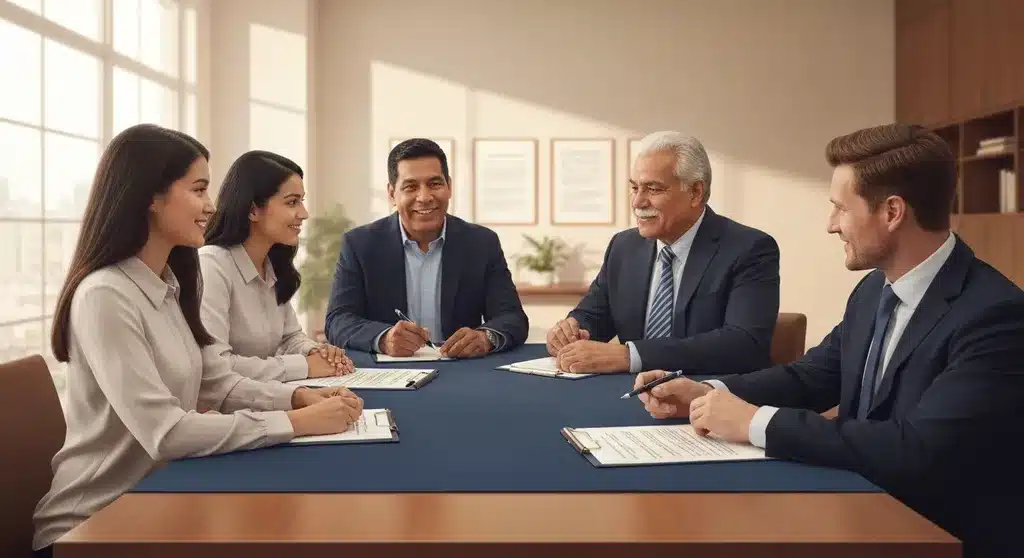 Family consulting with estate planning attorney about tax strategies