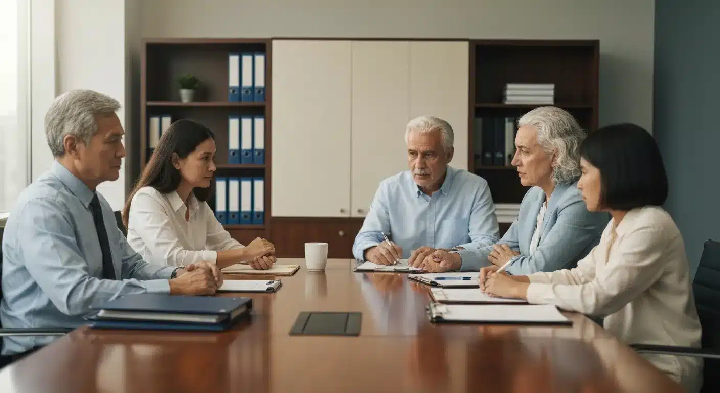 Family discussing trust contest options with attorney in California law office