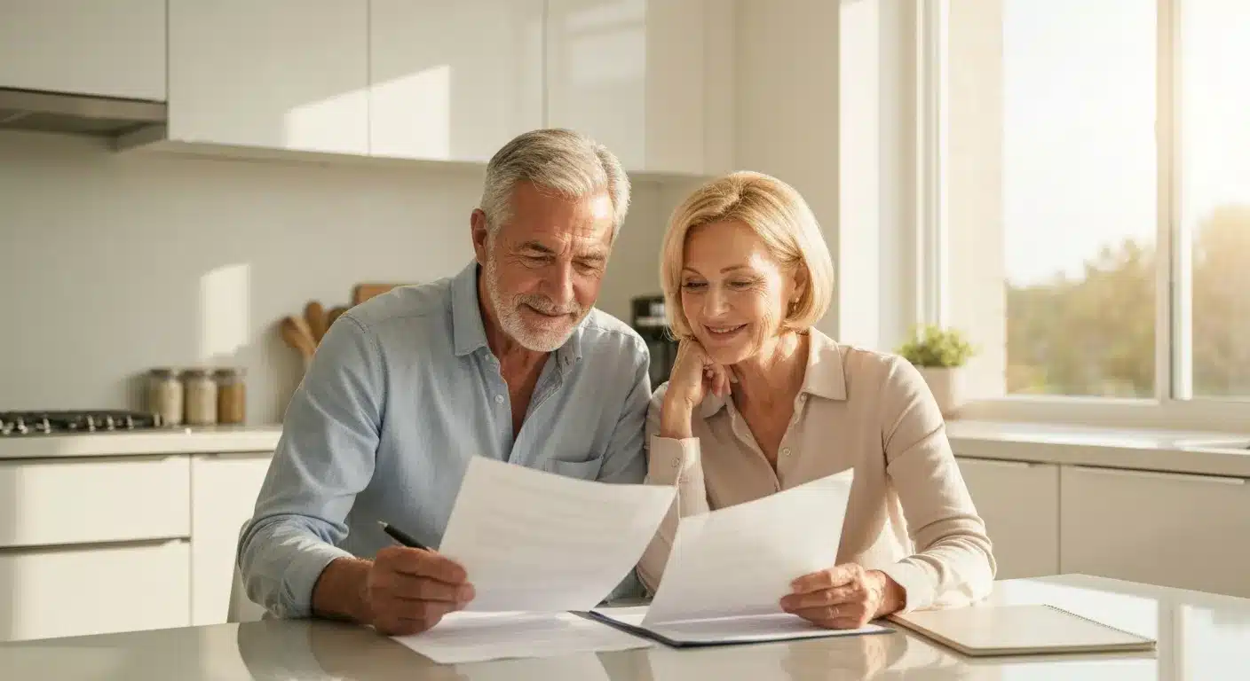 Mature California couple reviewing retirement financial documents at kitchen table with warm sunlight