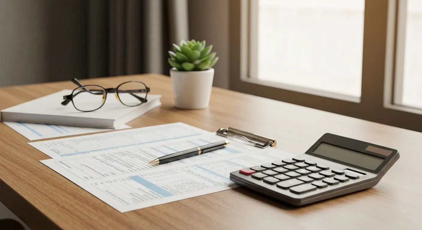 Financial planning desk with Social Security documents calculator and retirement planning materials