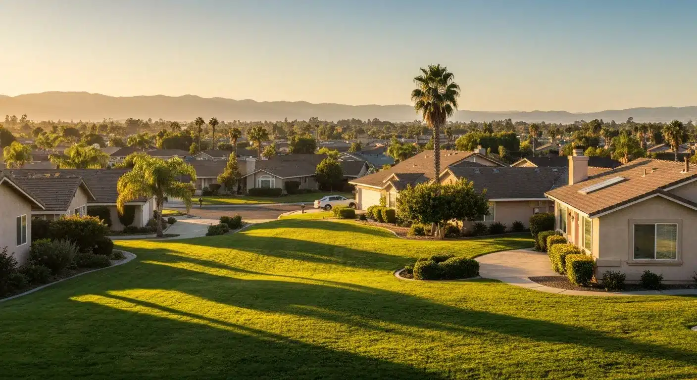 Central California residential neighborhood at golden hour representing retirement living community