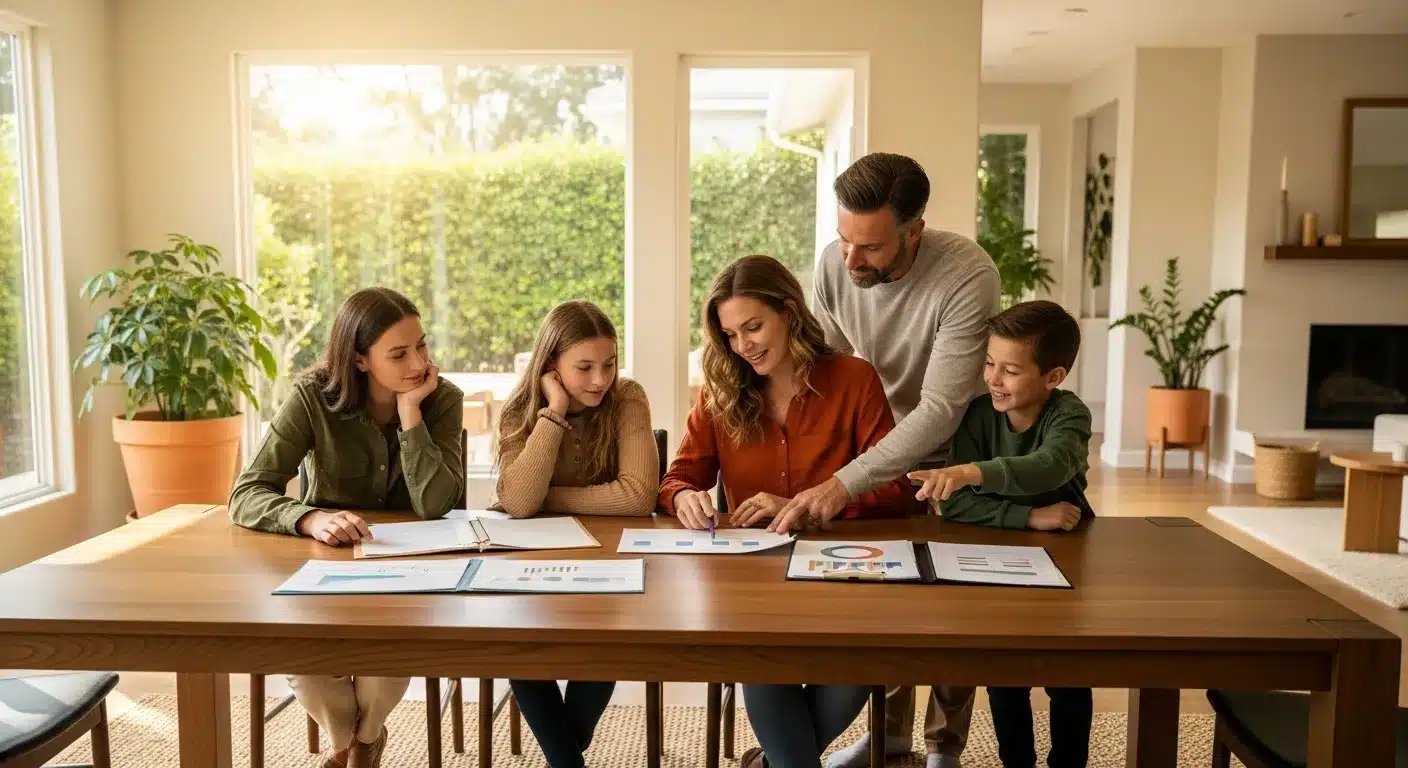 Blended family reviewing estate planning documents together at a dining table