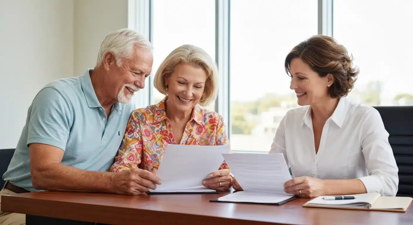 California couple reviewing estate planning documents with financial advisor