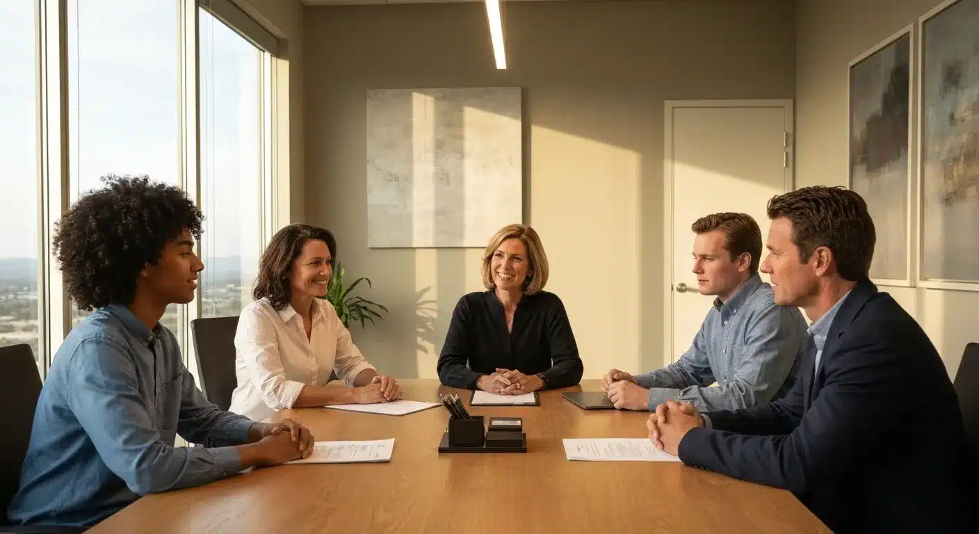 California family reviewing trust documents with estate planning attorney at modern law office