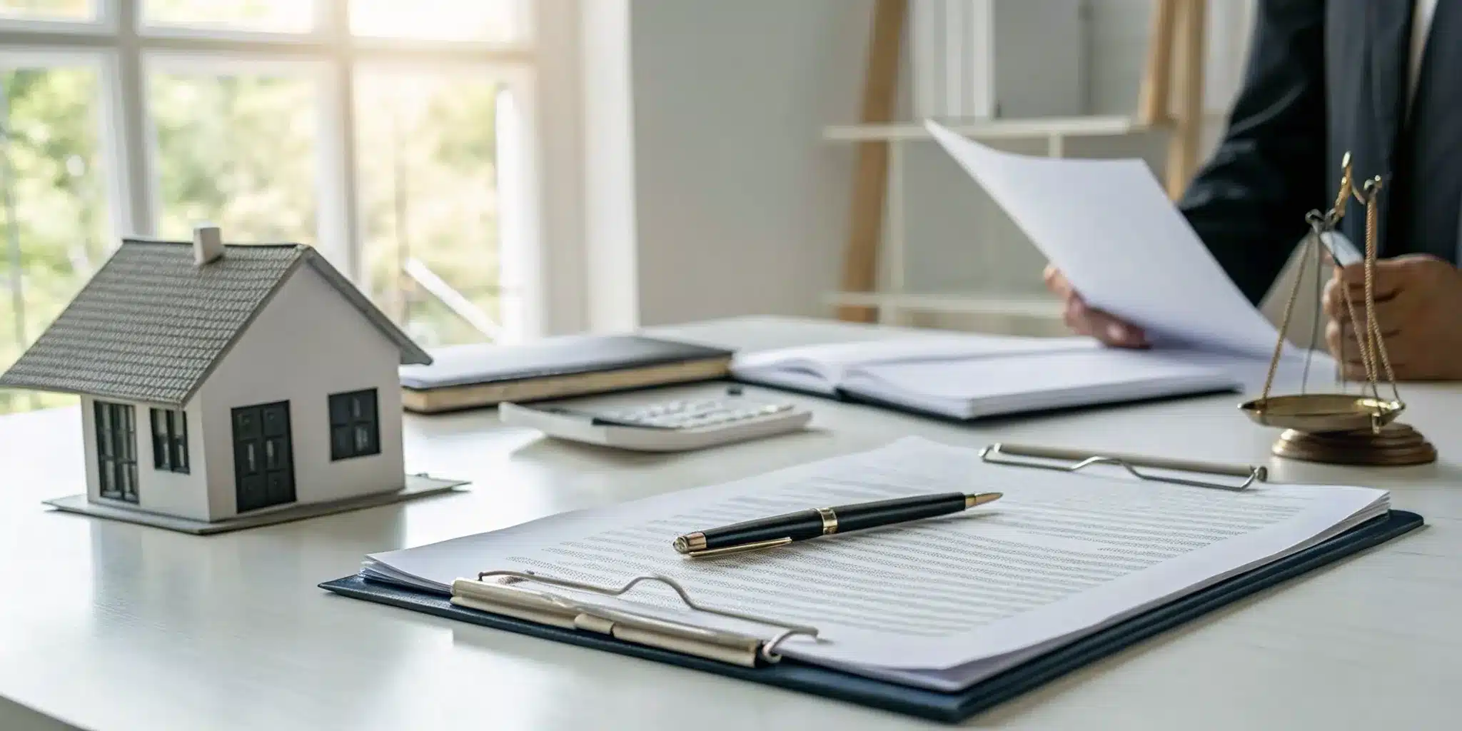 A model house and legal documents on scales of justice, comparing an inheritance trust vs a living trust.