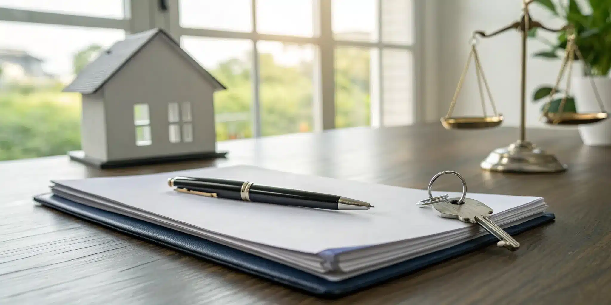 Living trust requirements paperwork on a desk with a pen, house key, and scales of justice.