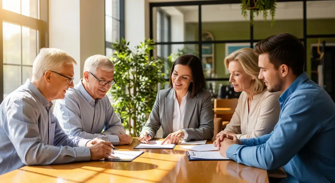 Multigenerational family discussing power of attorney and estate planning decisions