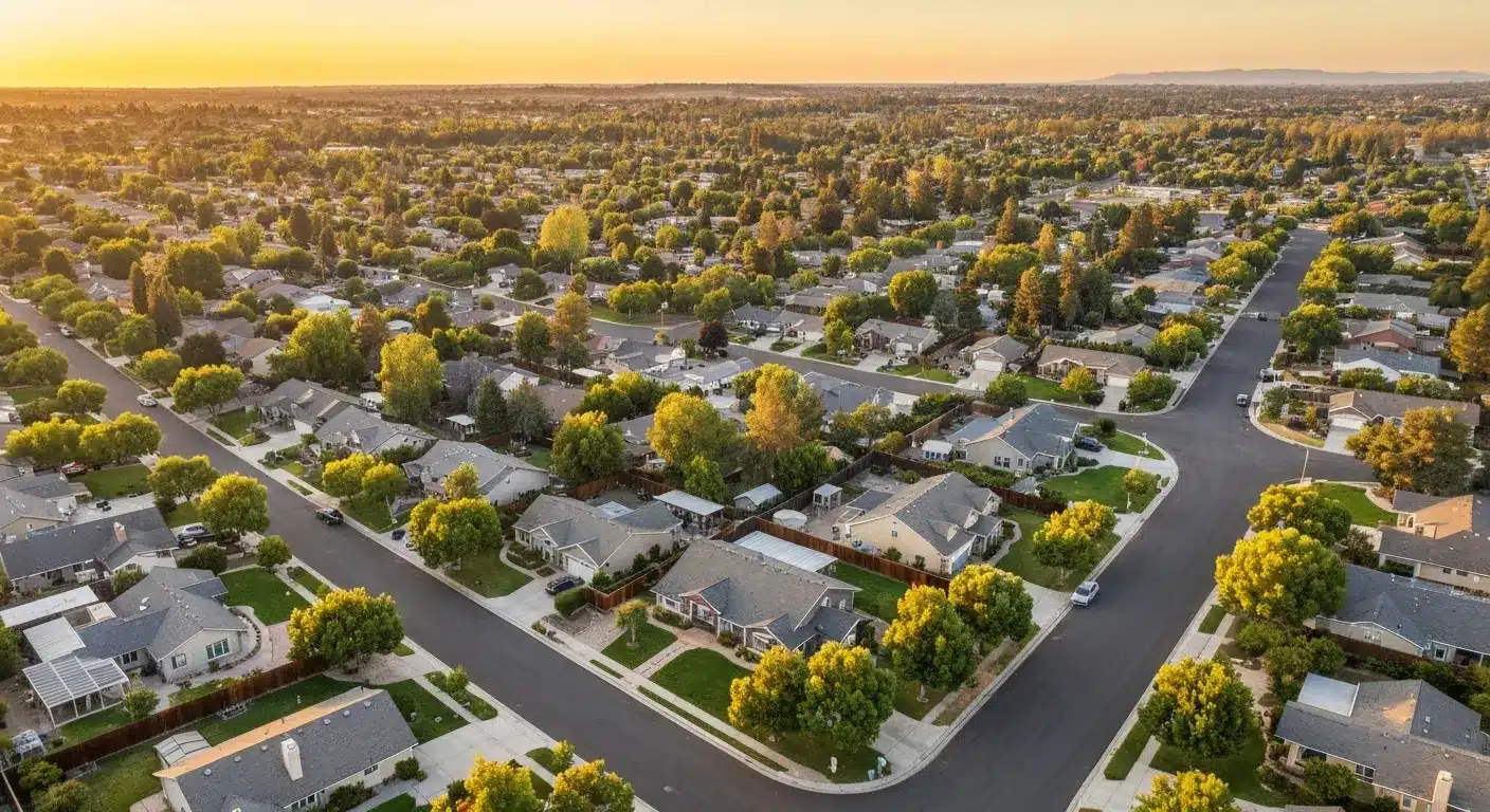 Aerial view of California residential neighborhood affected by Proposition 19 property tax rules
