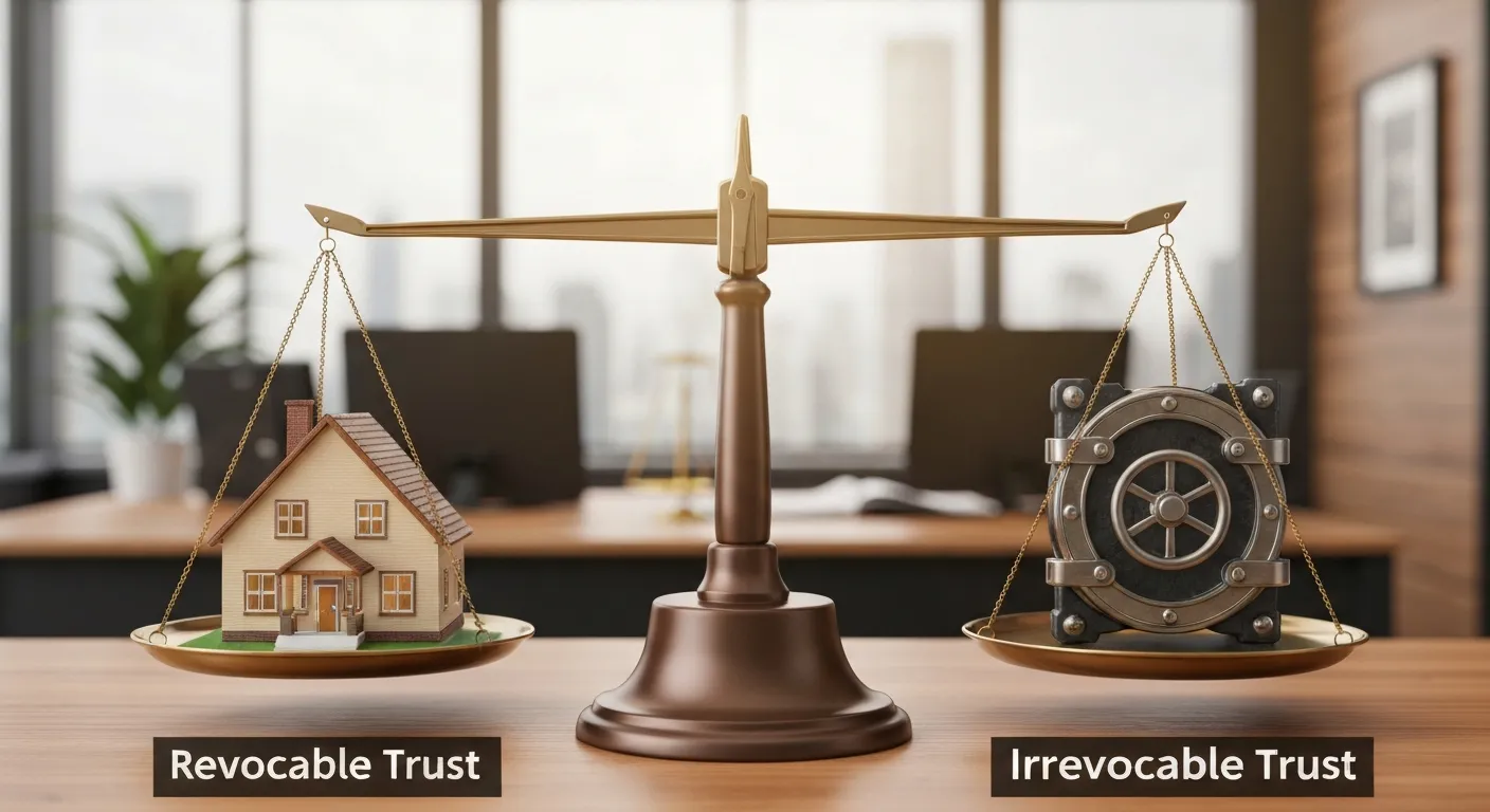 Balance scale comparing revocable trust flexibility versus irrevocable trust asset protection