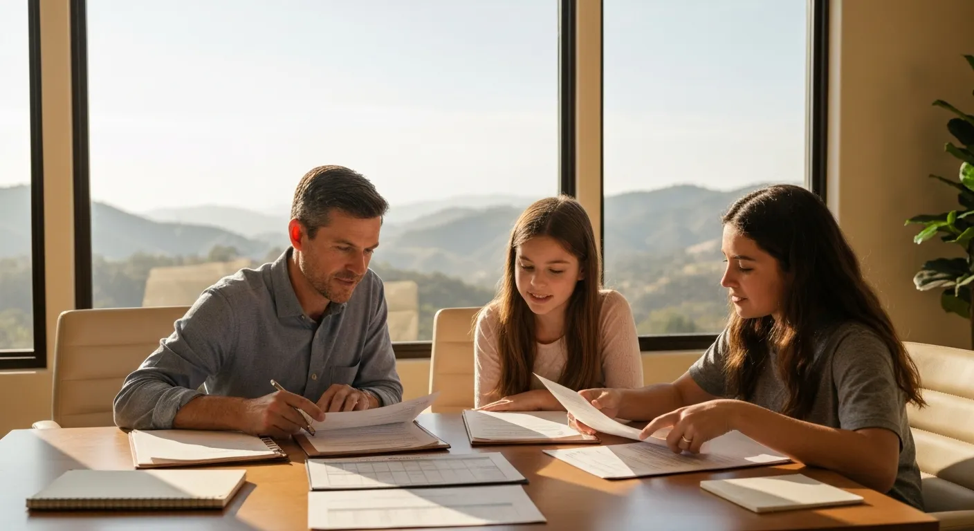 California family reviewing estate planning trust documents with attorney in Central California office