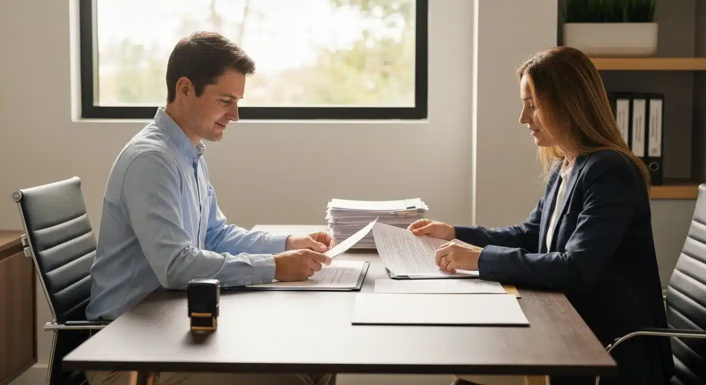 Homeowner reviewing Transfer on Death Deed documents with a notary public