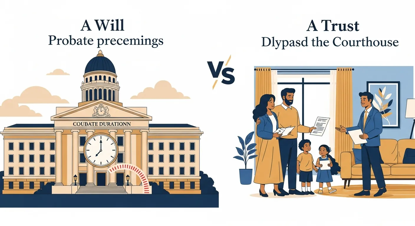 Comparison of wills and trusts in California estate planning showing legal documents and family protection