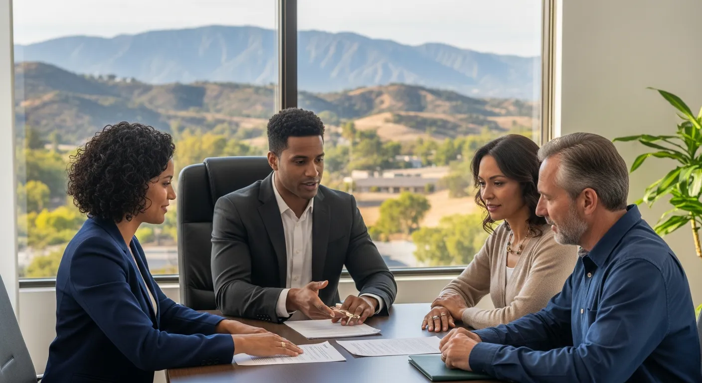 California family reviewing estate planning documents with attorney, discussing wills and trusts