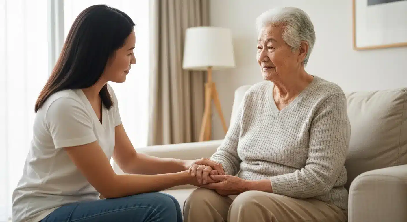 Elderly person receiving compassionate care from family caregiver