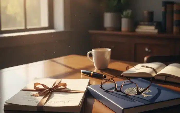 Estate planning documents and life insurance folder on a law office desk in warm California sunlight