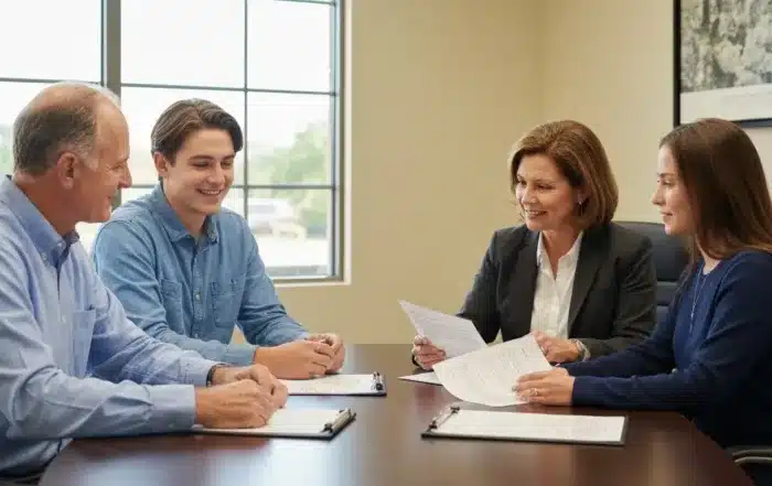 California family consulting with probate and trust attorney in a modern law office