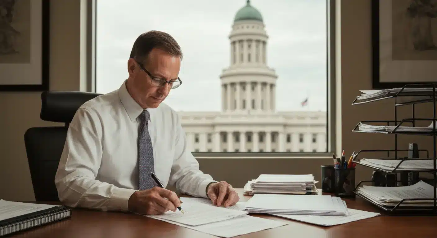 Reviewing probate and estate planning documents at a California law office desk
