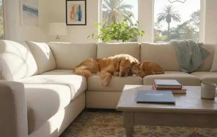 Golden retriever and tabby cat resting together on a couch in a California home โ illustrating pet trust planning