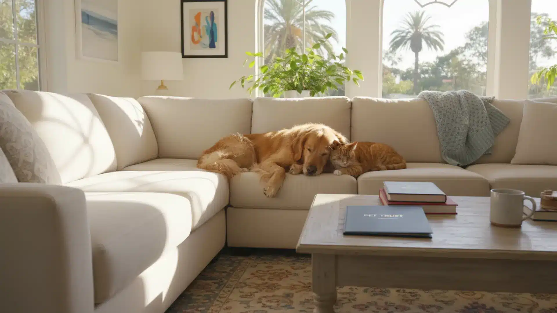Pet Trust in California Golden retriever and tabby cat resting together on a couch in a California home — illustrating pet trust planning