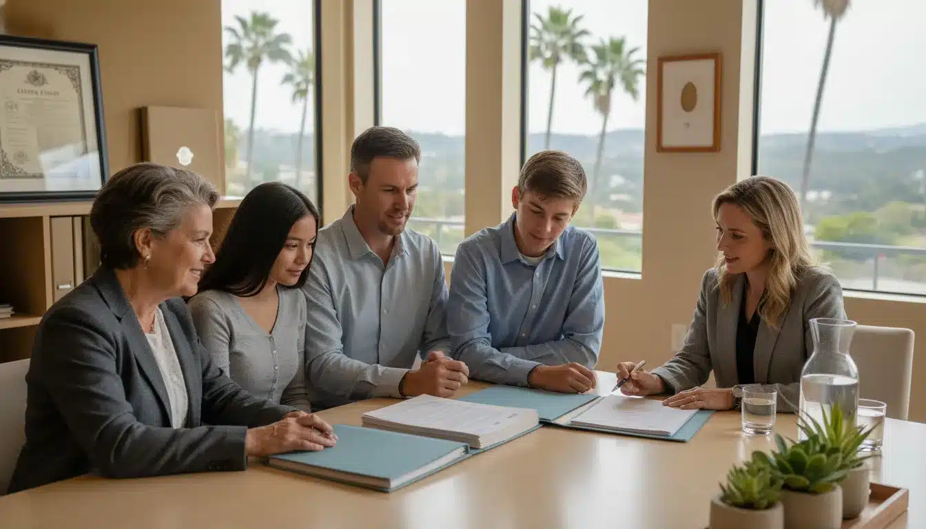 California family reviewing trust documents with an estate planning attorney