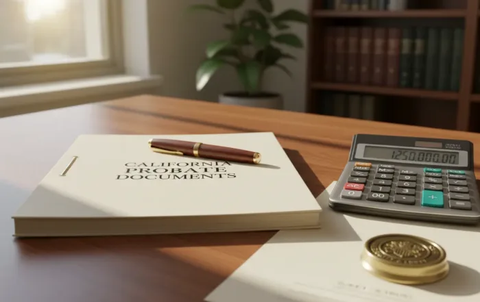 California probate bond documents and calculator on a desk