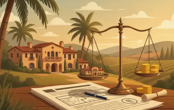 California estate appraisal documents beside scales of justice