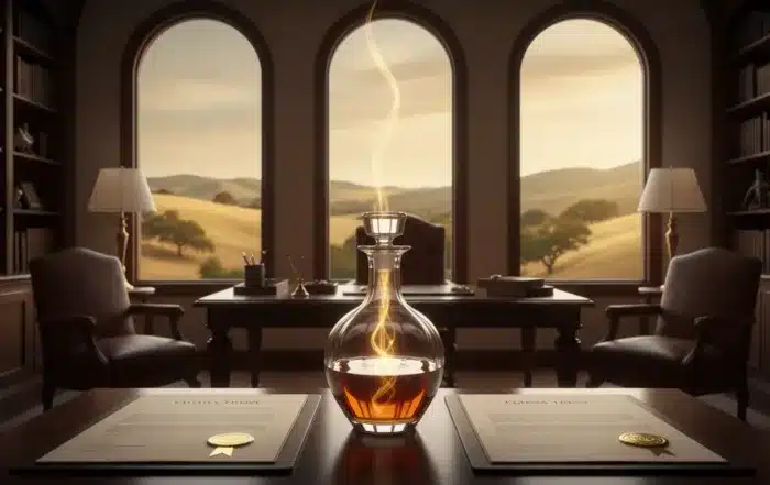 Trust decanting in California represented by a glass decanter and legal documents