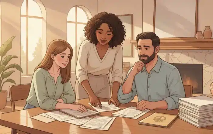 Family reviewing mortgage and estate documents after a death