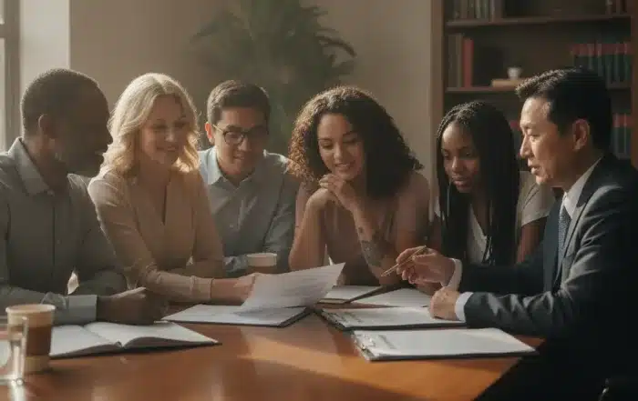 A diverse blended family meeting with a California estate planning attorney at a table with documents