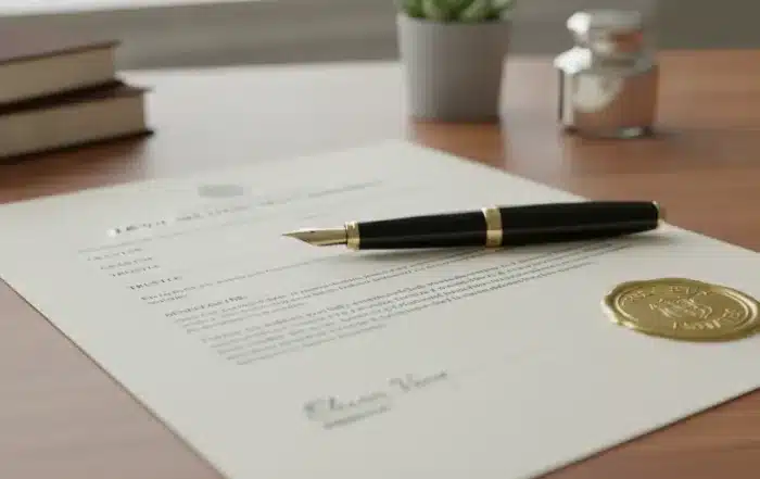 A modern estate planning trust document with a gold seal and a fountain pen on a wooden desk