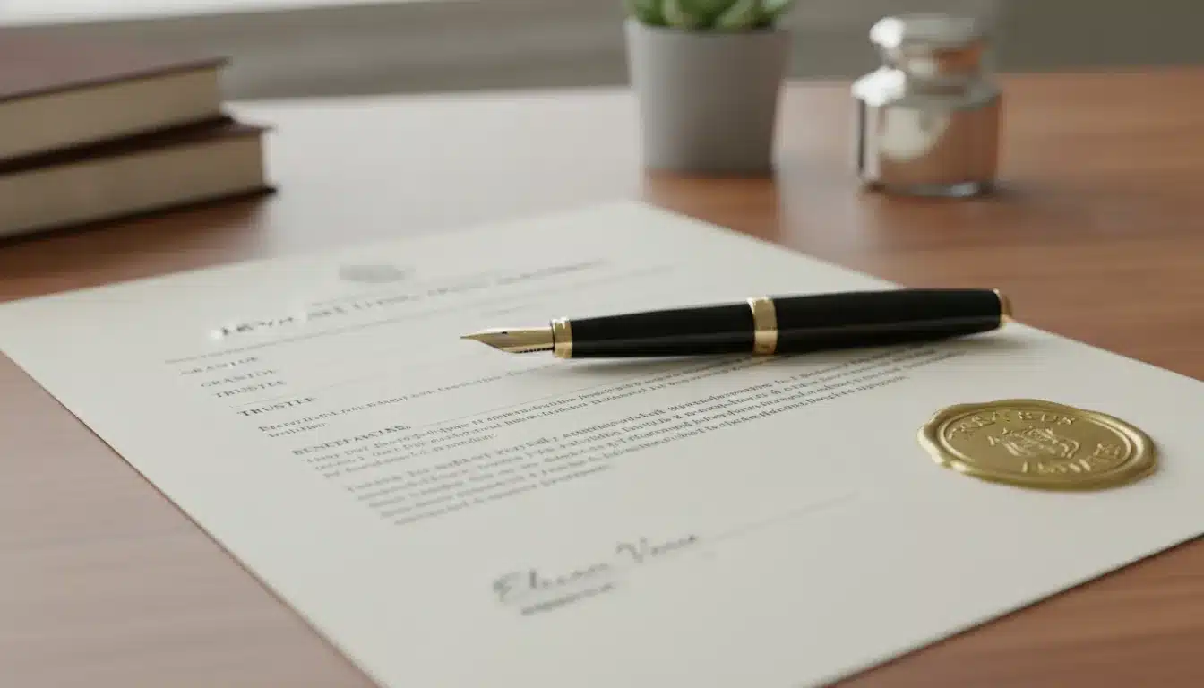 A modern estate planning trust document with a gold seal and a fountain pen on a wooden desk