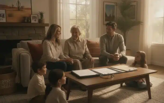 Multi-generational California family reviewing estate planning documents together in a warm living room