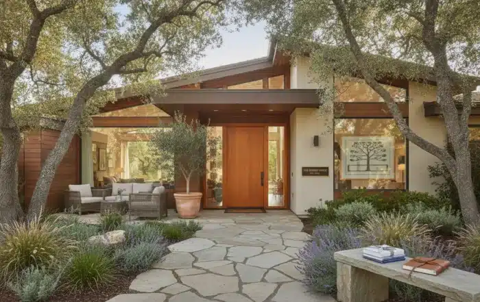 Modern California family home with welcoming entrance surrounded by oak trees