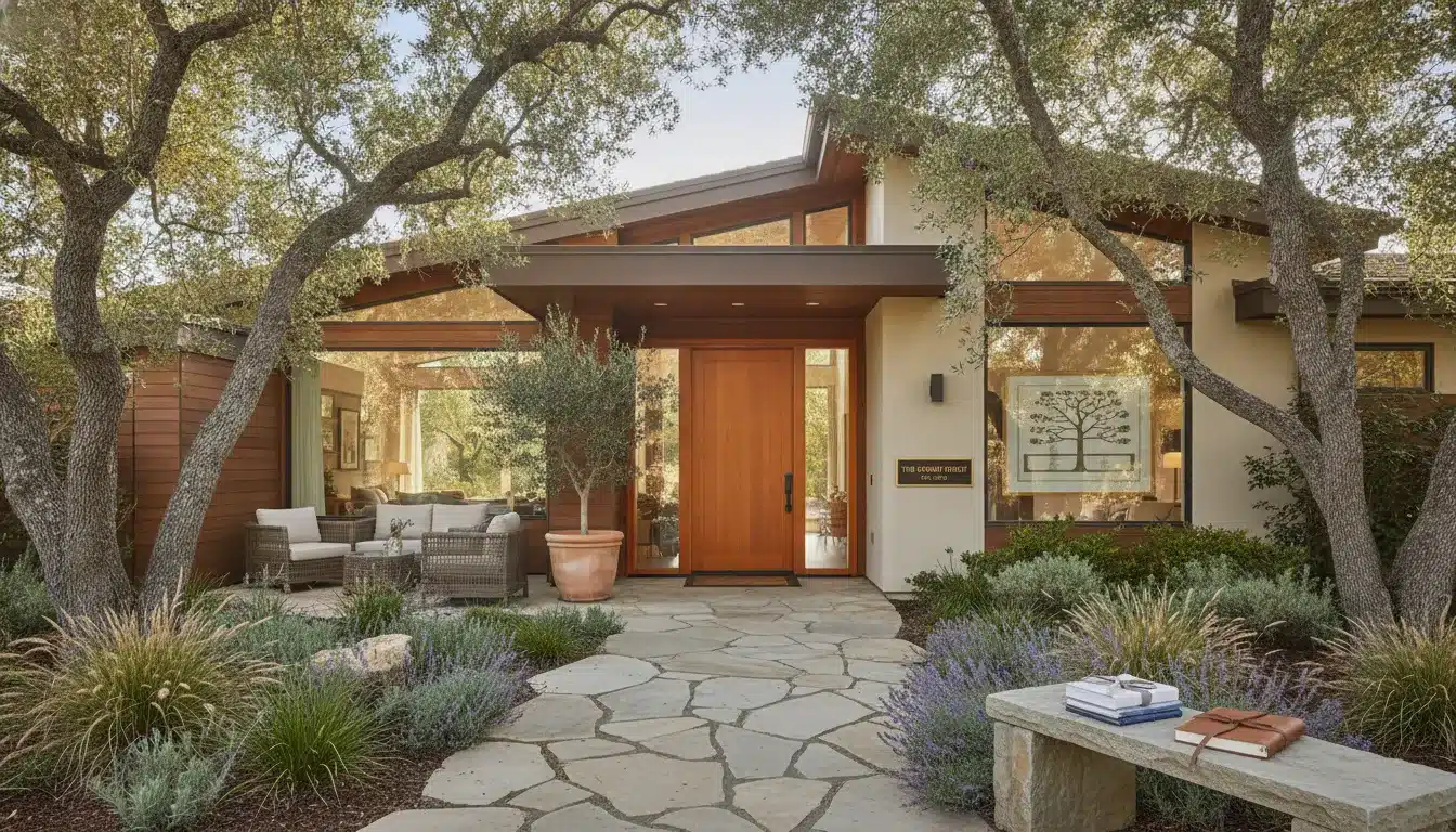 Modern California family home with welcoming entrance surrounded by oak trees