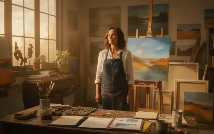 California artist in a bright sunlit studio surrounded by paintings and creative works with estate planning documents on a wooden desk