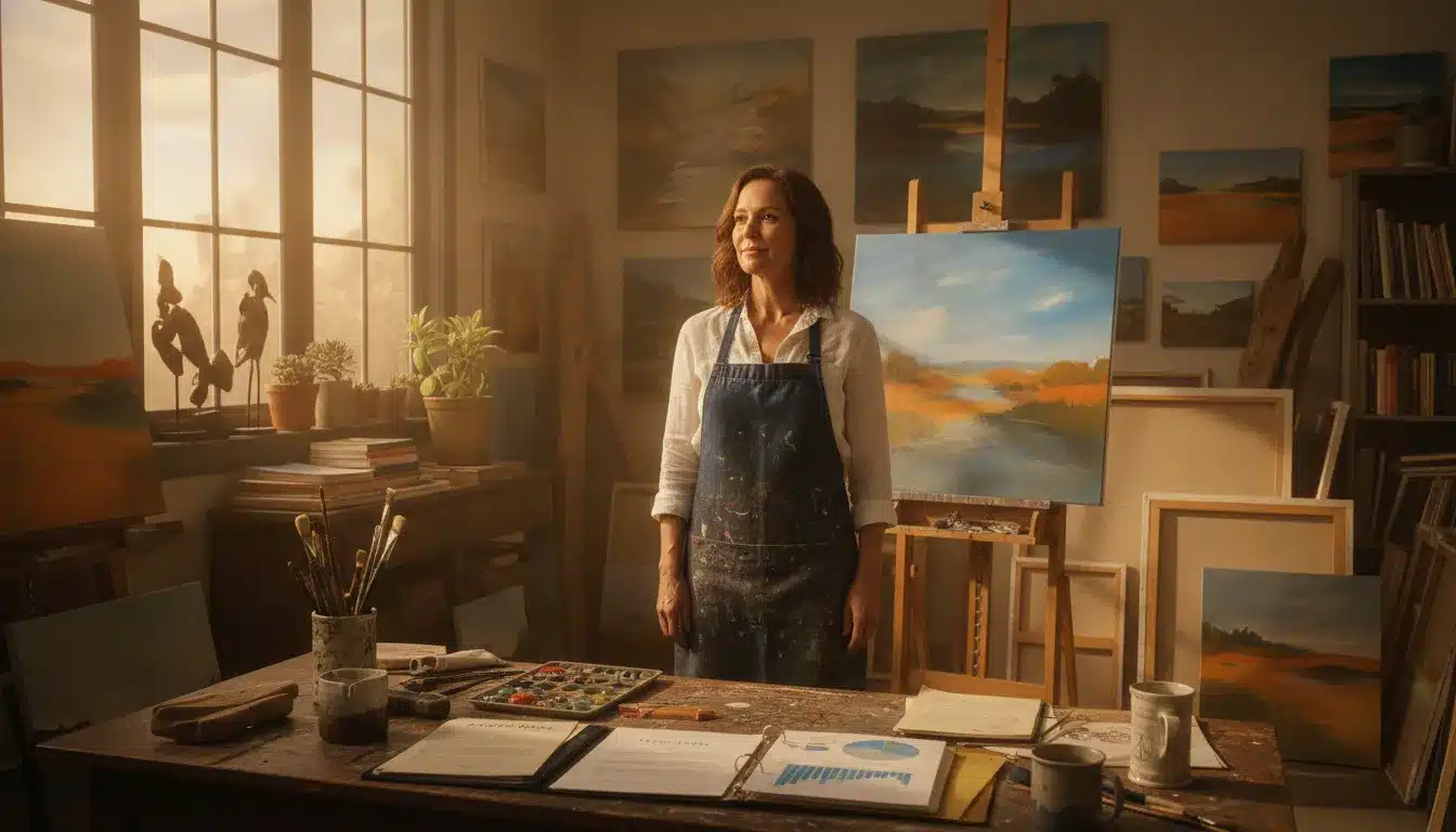 estate-planning-for-artists-california-protect-your-creative-legacy-598114 California artist in a bright sunlit studio surrounded by paintings and creative works with estate planning documents on a wooden desk